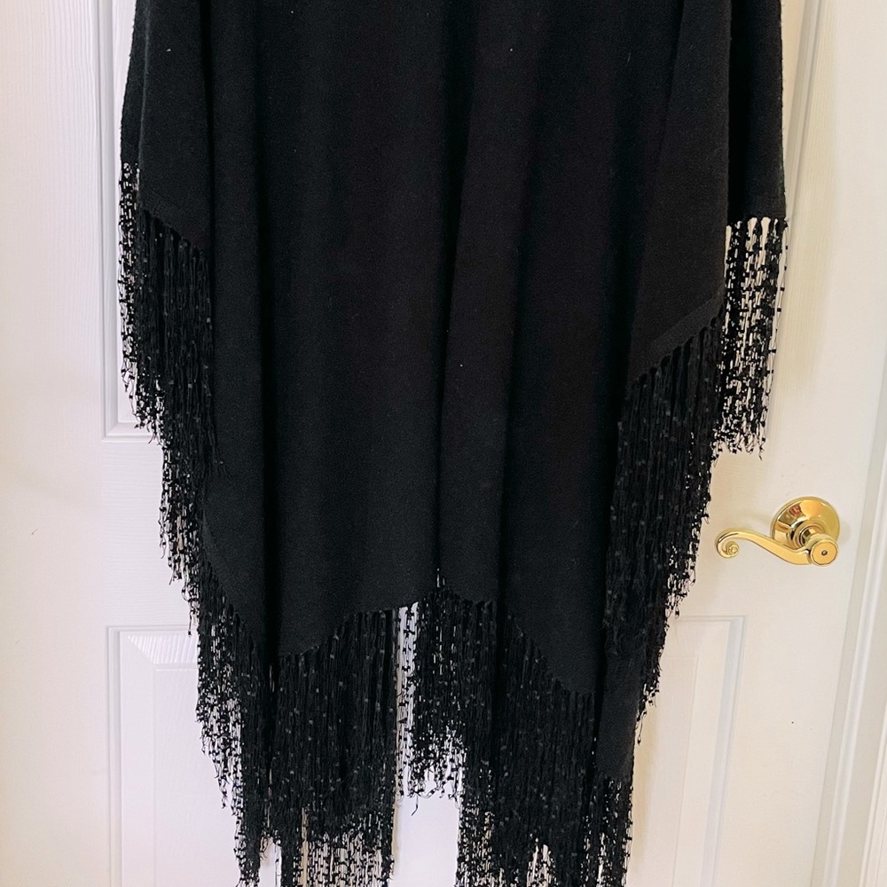 Black Knit Fringed Shawl Extra Long Vintage by SIDEEFECTS of California One Size